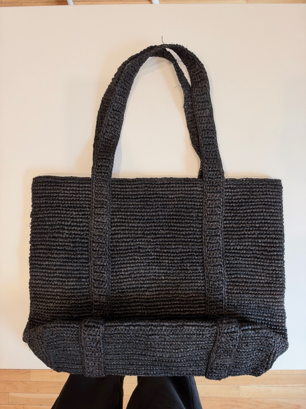 Large black raffia tote bag